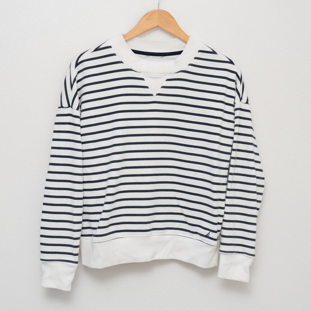 Nautica Navy and White Striped Crewneck Sweatshirt Size M/L